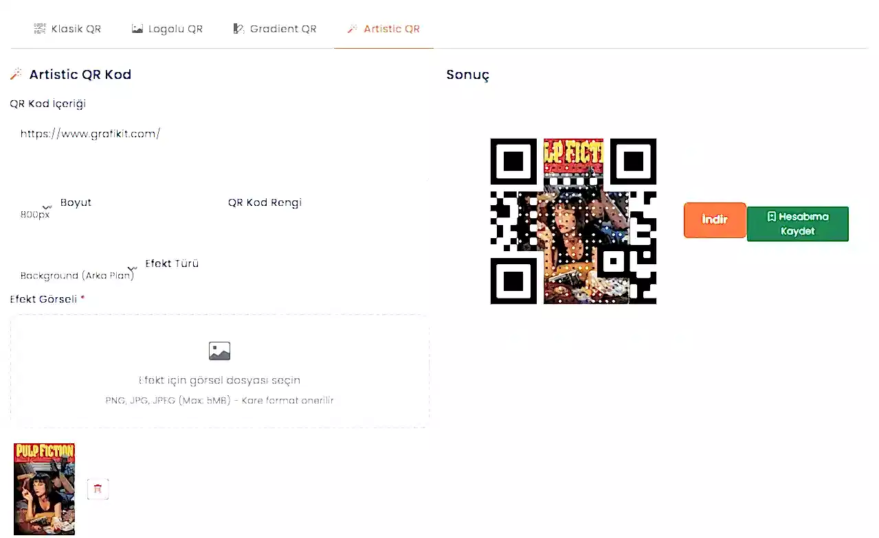 Artistic QR oluşturma ekranı