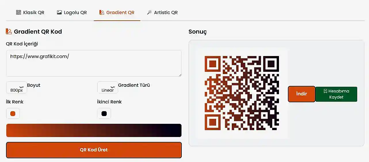 Gradient renkli QR oluşturma ekranı