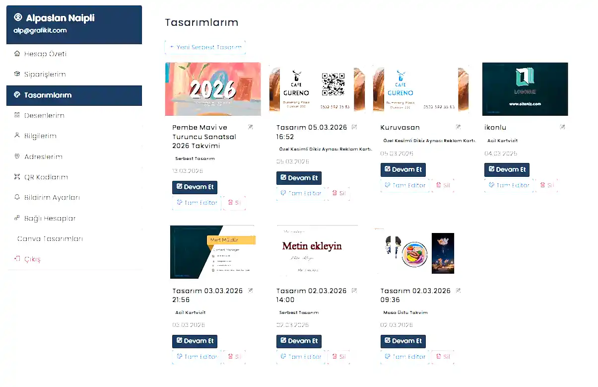 Tasarımlarım ekranı