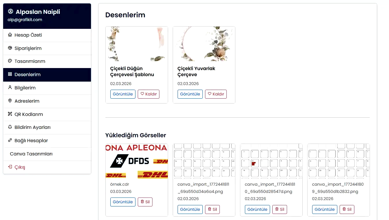 Yüklediğim ve favori desenler ekranı